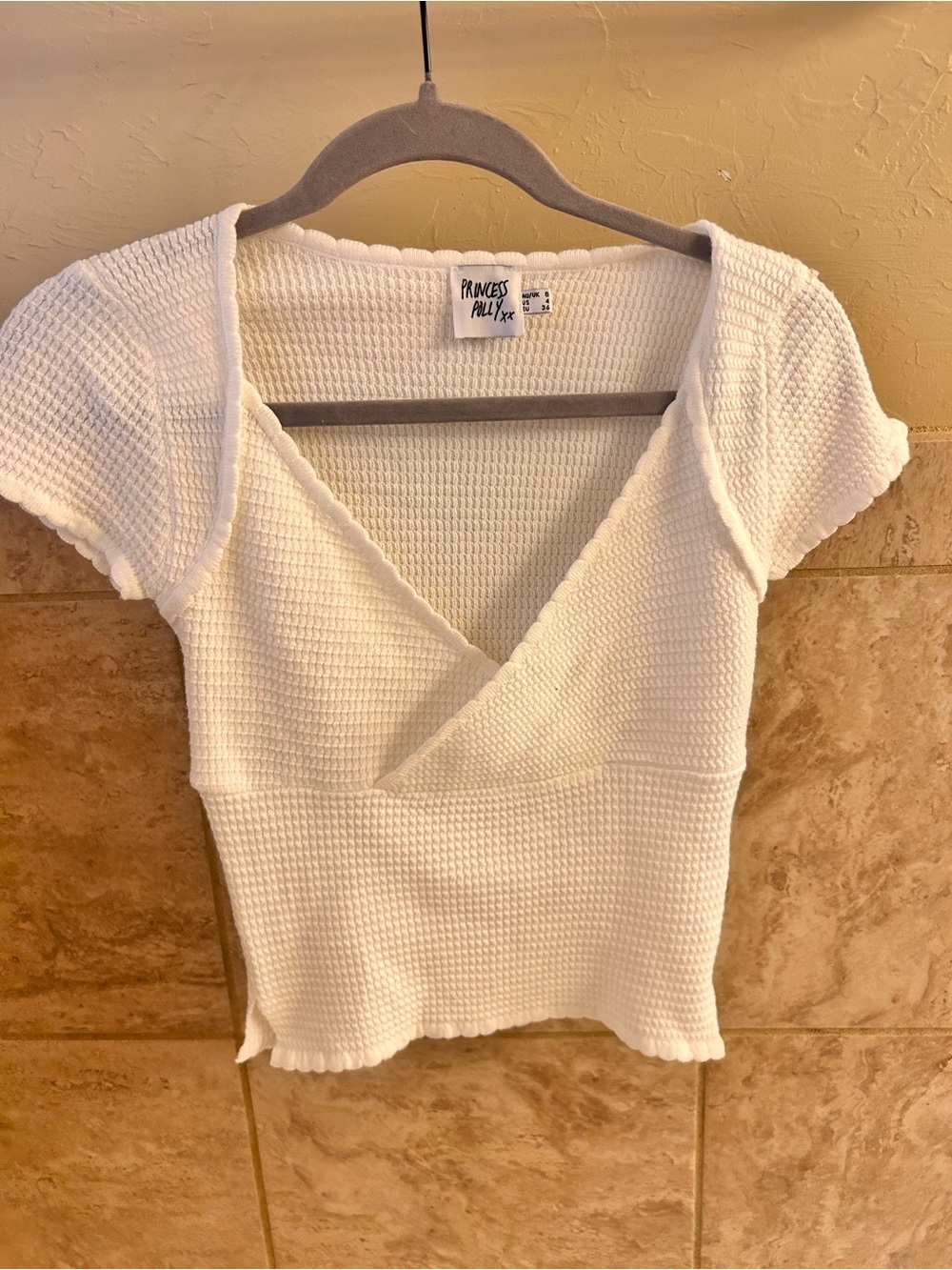 Princess Polly Cream Textured Wrap Crop Top
